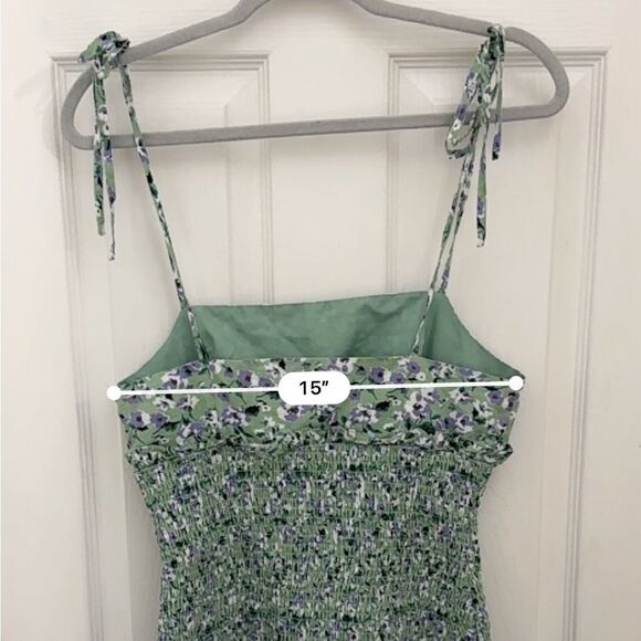 English Factory Floral Smocked Mini Dress Size Small Green Purple Tie Strap - Picture 6 of 7